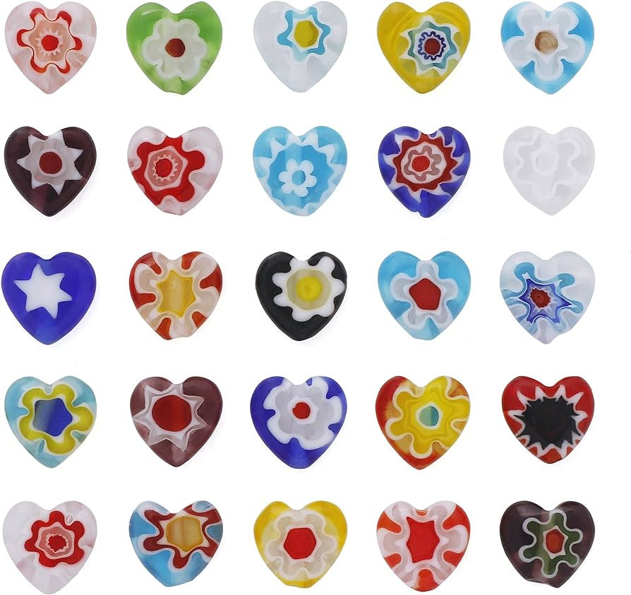 COIRIS 90 Pcs 2 Strands Millefiori Lampwork Beads 8mm Heart-Shaped Multi-Colored Flower Glass Fla... | Amazon (US)