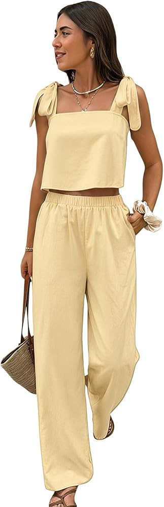 SOLY HUX Women's Summer Vacation 2 Piece Set Tie Shoulder Crop Top and Pants Travel Outfits | Amazon (US)