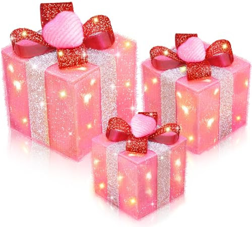 [Timer&8 Mode] 3 Pack Pink Valentines Decorations Christmas Lighted Gift Boxes with Pink Hearts Silver Glitter Fabric 60 LED Battery Operated Present Box Pink Decor for Room, Wedding, Valentines Gifts | Amazon (US)