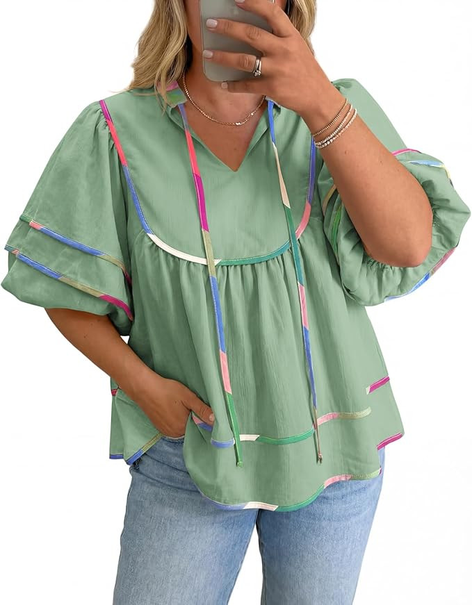 Beautife Womens Plus Size Summer Babydoll Tops Peplum V Neck Lantern Short Sleeve Shirts Cute Flo... | Amazon (US)