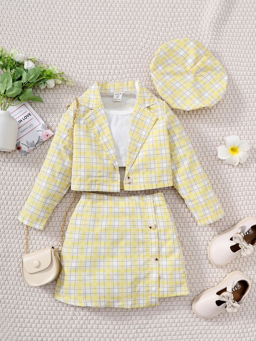 Toddler Girls Plaid Print Lapel Collar Blazer & Cami Top & Skirt & Hat
   
      SKU: sk220610703... | SHEIN