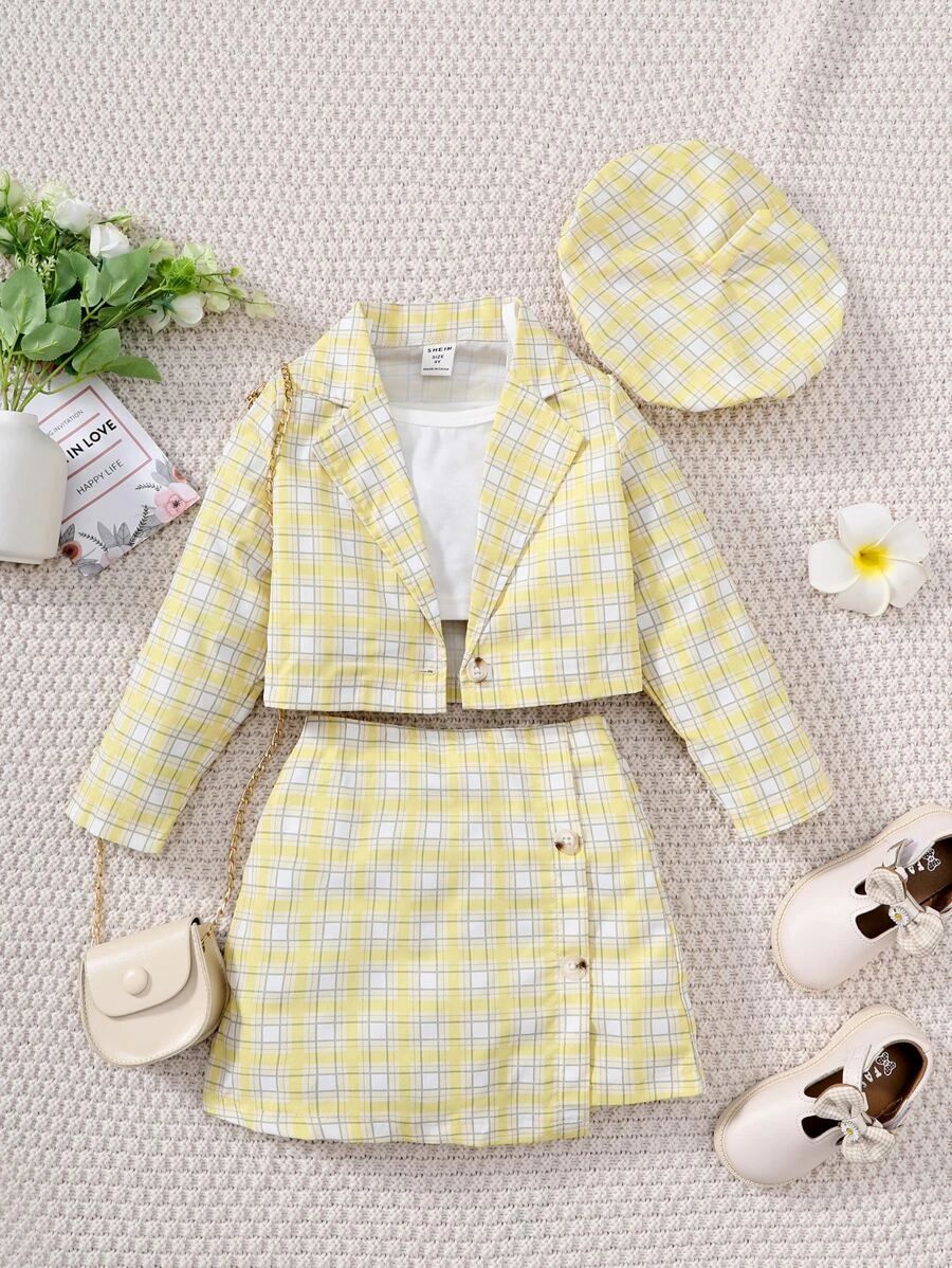 Toddler Girls Plaid Print Lapel Collar Blazer & Cami Top & Skirt & Hat
   
      SKU: sk220610703... | SHEIN