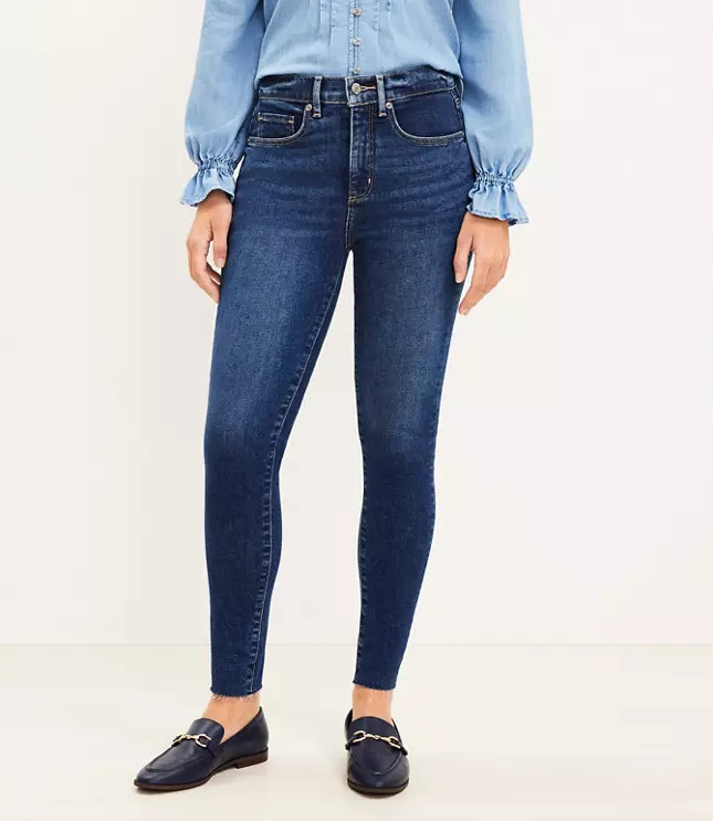 Curvy Chewed Hem Mid Rise Skinny Jeans in Authentic Mid Indigo Wash | LOFT