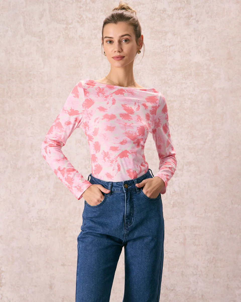 The Pink Boat Neck Floral Long Sleeve Tee & Reviews - Pink - Tops | RIHOAS | rihoas.com