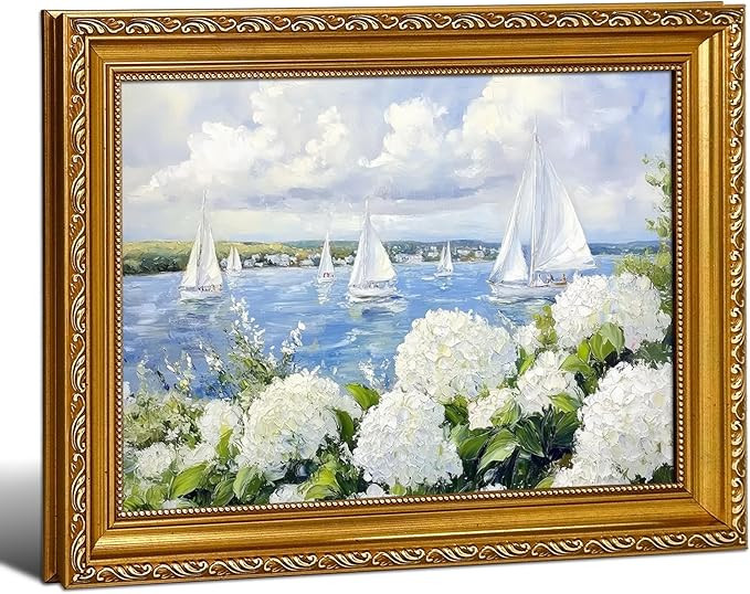 Gold Ornate Framed Wall Art - Hydrangea Sailboat Coastal Canvas Print, Ocean Nautical Artwork Rea... | Amazon (US)