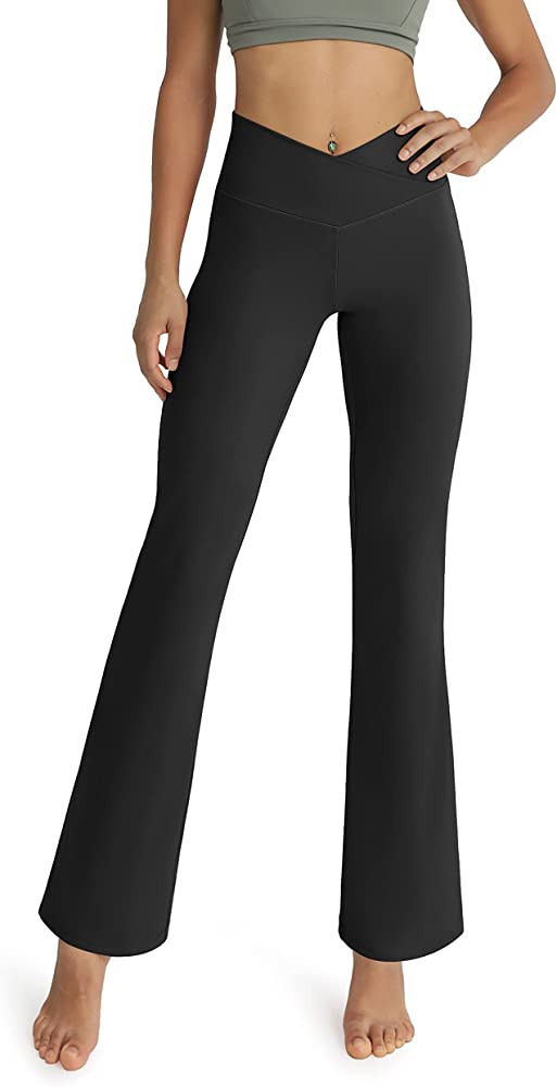 ODODOS Cross Waist Bootcut Yoga Pants for Women, Non See Through Bootleg Sports Gym Flare Workout Pa | Amazon (US)