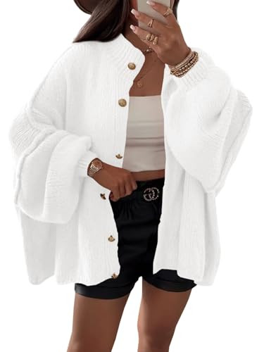 Saodimallsu Womens Oversized Cardigans Long Lantern Sleeve Button Down Loose Ribbed Knit Sweater Coats White | Amazon (US)