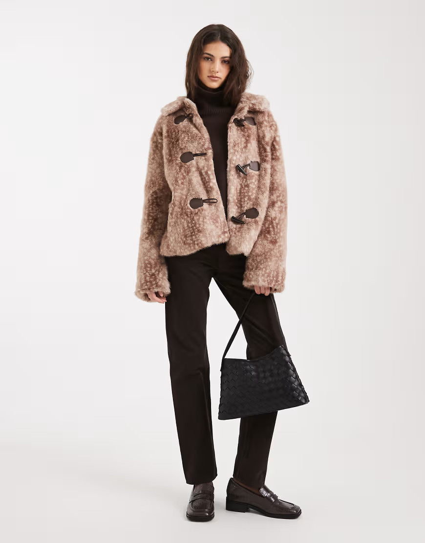 Hollister faux fur toggle jacket in deer print-Brown | ASOS (Global)