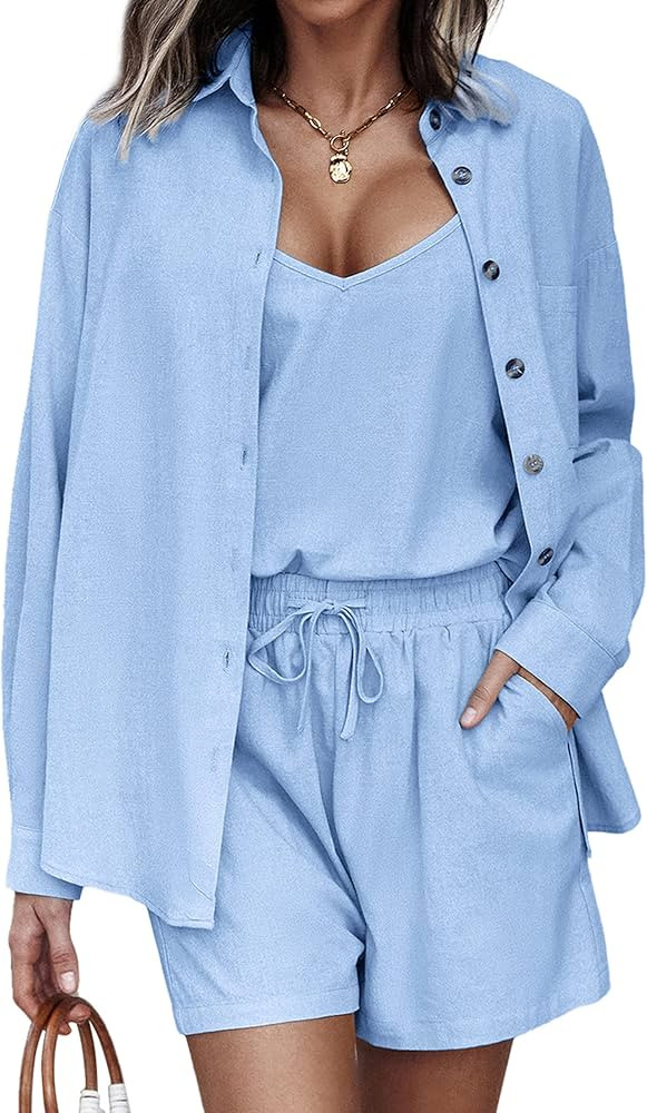 Zeagoo 3 Piece Long Sleeve Outfits for Women Linen Set Button Up Shirts High Waisted Shorts V Nec... | Amazon (US)