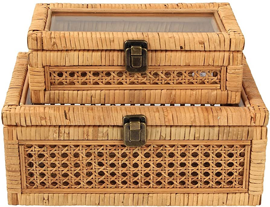 HUAXIN CRAFT H Rattan Box with Lids, Rectangular Woven Case with Glass for Display, Set of 2 Wick... | Amazon (US)