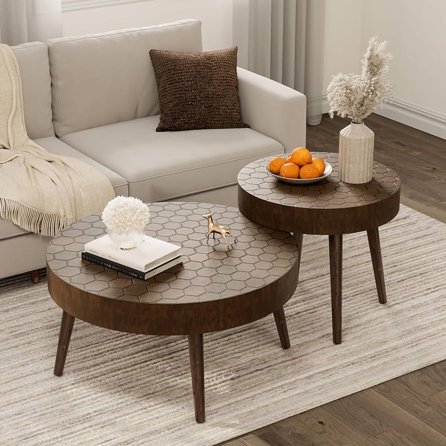 COSIEST Farmhouse Round Coffee Table Set, End Table Set of 2, Modern Nesting Table with Honeycomb... | Amazon (US)