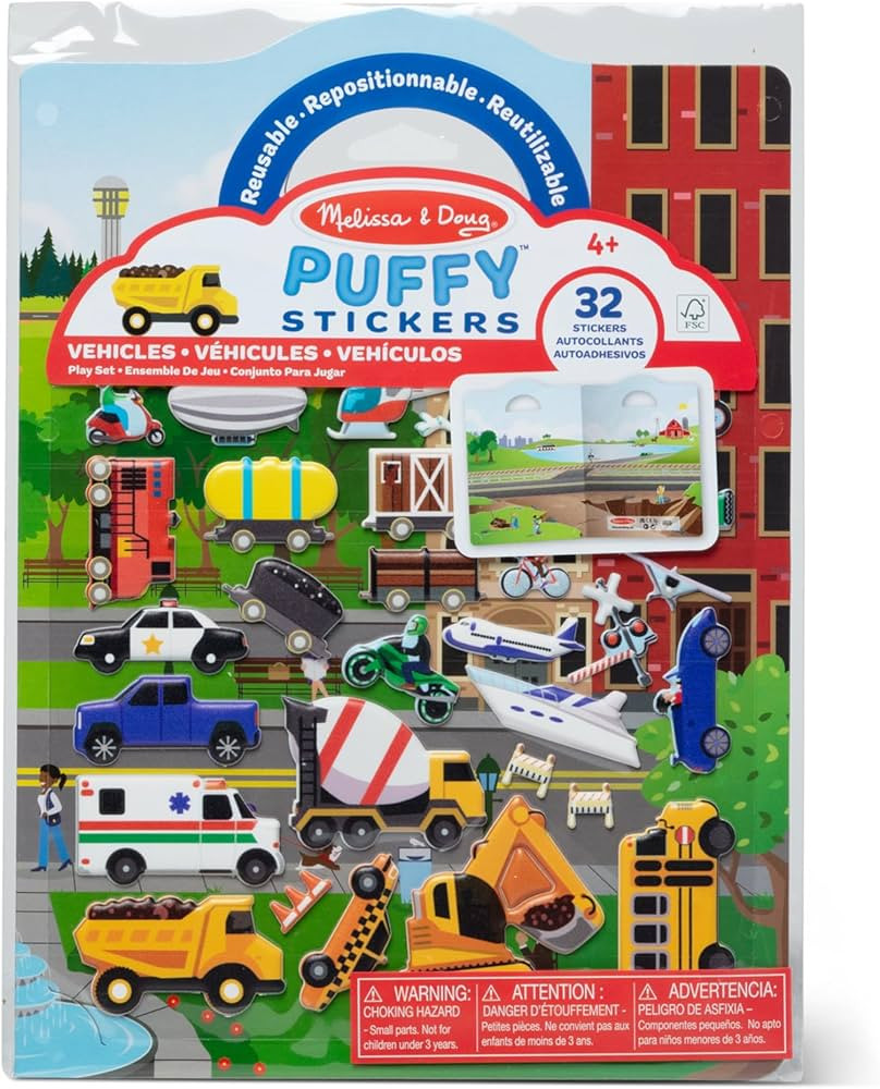 Melissa & Doug Vehicles Puffy Sticker Play Set Travel Toy with Double-Sided Background, 32 Reusab... | Amazon (US)