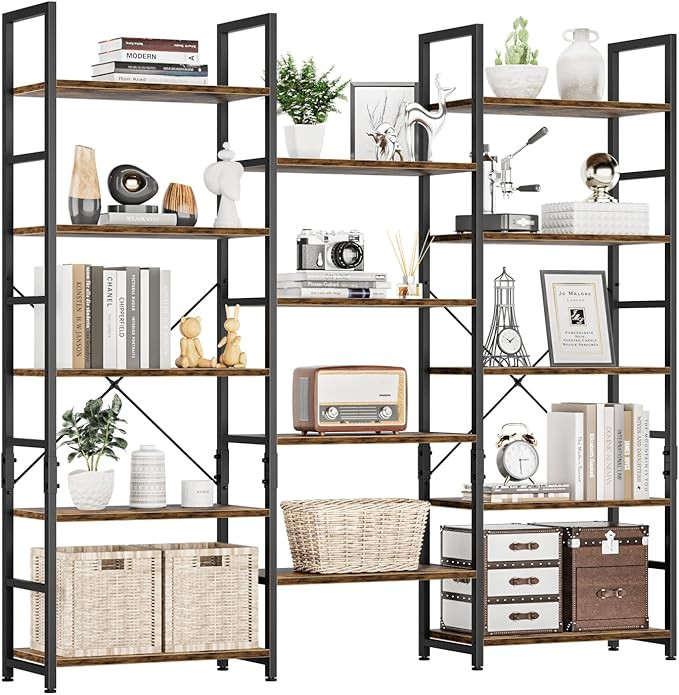 NUMENN Triple Wide 5 Tier Bookshelf, Rustic Industrial Style Bookcases with 14 Open Display Shelv... | Amazon (US)