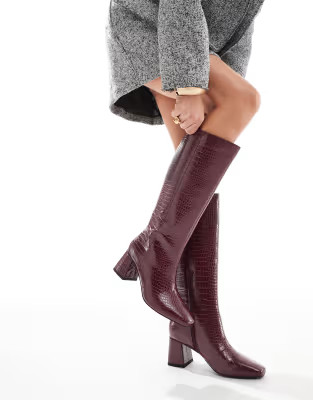 London Rebel Lara mid block heel knee boots in burgundy croc | ASOS (Global)