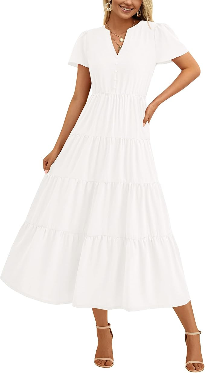 PRETTYGARDEN Women Summer Midi Dresses 2025 Casual Short Sleeve V Neck Belted Tiered Ruffle Vacat... | Amazon (US)