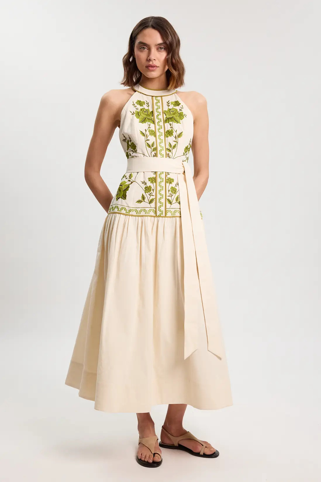 Rose Embroidered Cotton Twill Woven Maxi Dress | Karen Millen