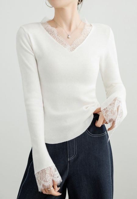V-Neck Lace Trim Bell Sleeve Knit Top in White | Chicwish