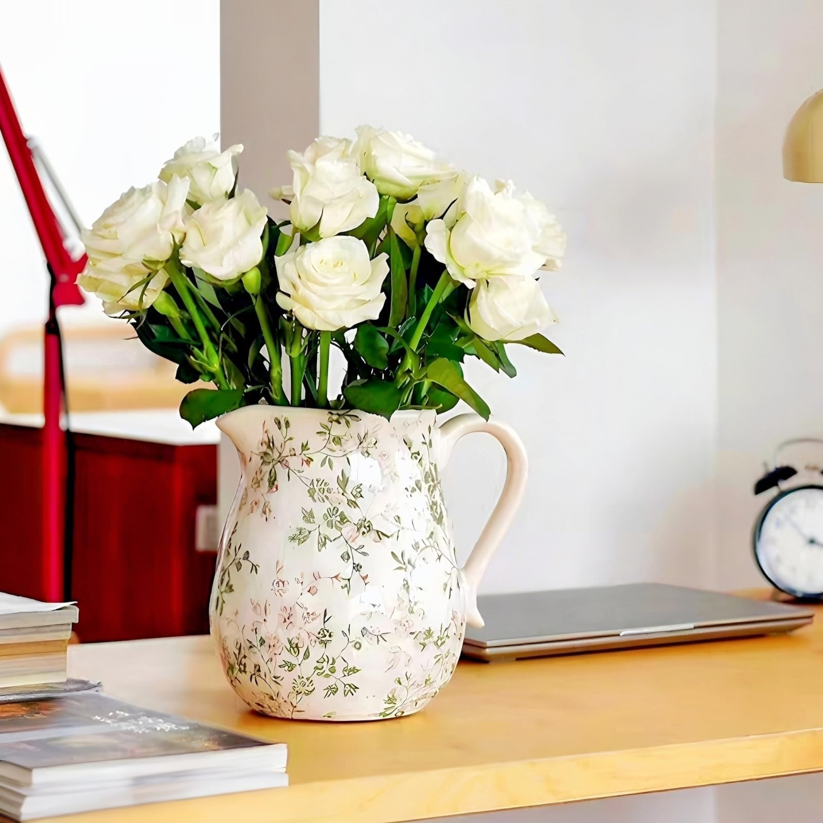 Vintage Beige and Green Floral Ceramic Vase with Handle, 8 Inch, Retro Ice Glazed Crack Farmhouse... | Amazon (US)