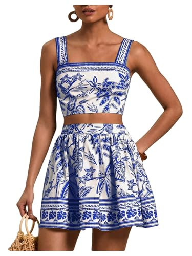 Floerns Women's Two Piece Outfit Tropical Crop Cami Top and Summer Skirts Set Blue Large | Amazon (US)
