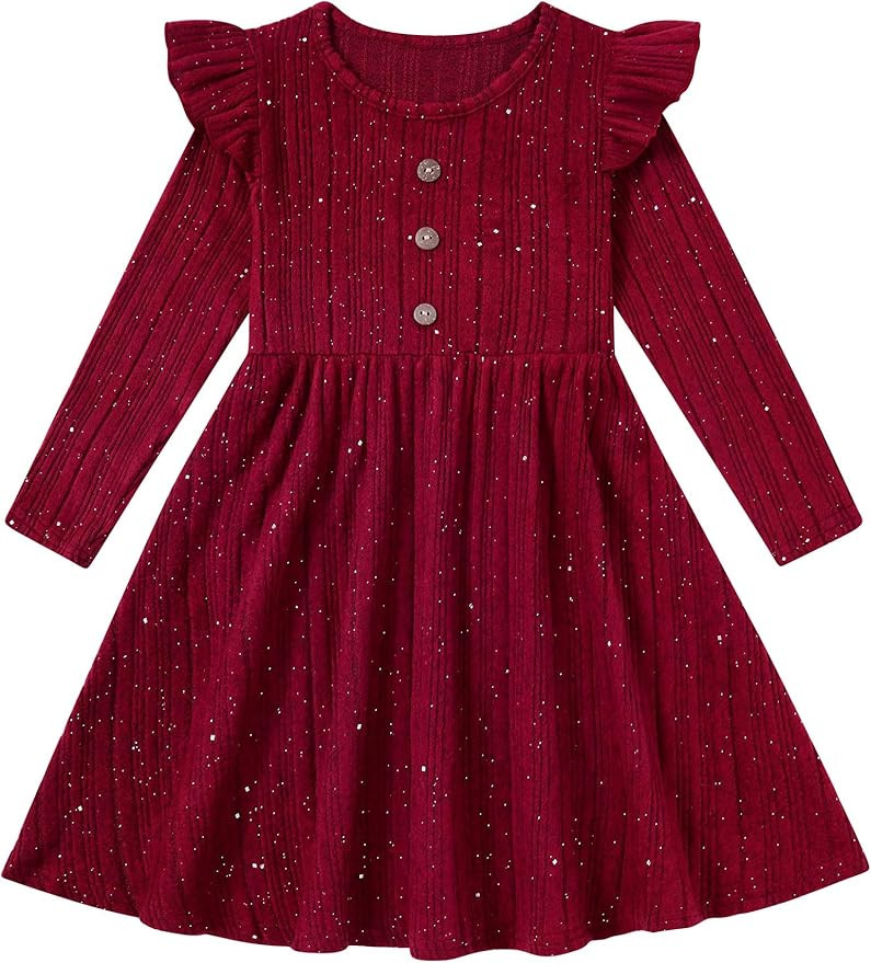 Toddler Girl Dress Long Sleeve Round Neck Ruffle Button A-Line Knitted Sweather Fall Dresses Size... | Amazon (US)