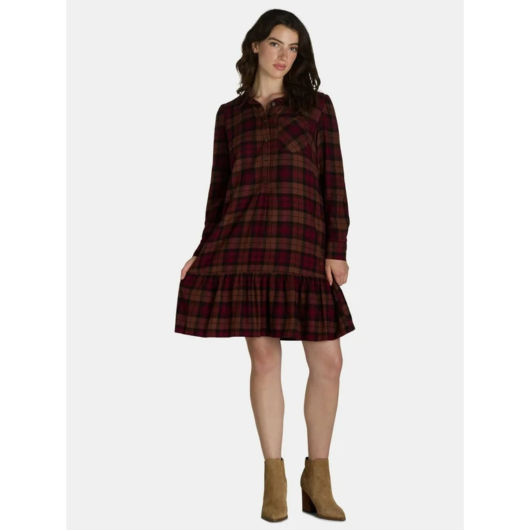 Time and Tru Women's Plaid Mini Dress with Long-Sleeves, Sizes XS-XXXL | Walmart (US)