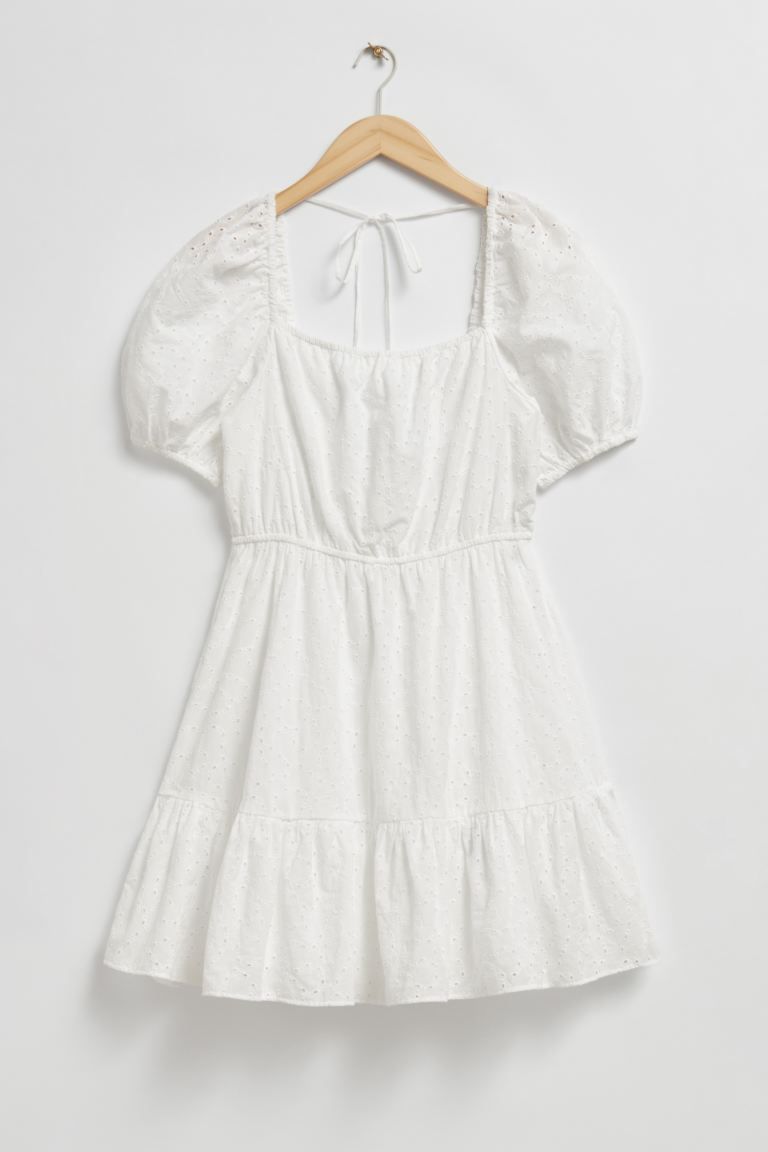 Voluminous Broderie Anglaise Mini Dress - Square neckline - Short sleeve - White - Ladies | H&M G... | H&M (UK, MY, IN, SG, PH, TW, HK)