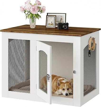 Wooden 30.1" Dog Crate Furniture, Farmhouse Pet Cage End Table with Secure Lock, Ventilated Mesh ... | Amazon (US)