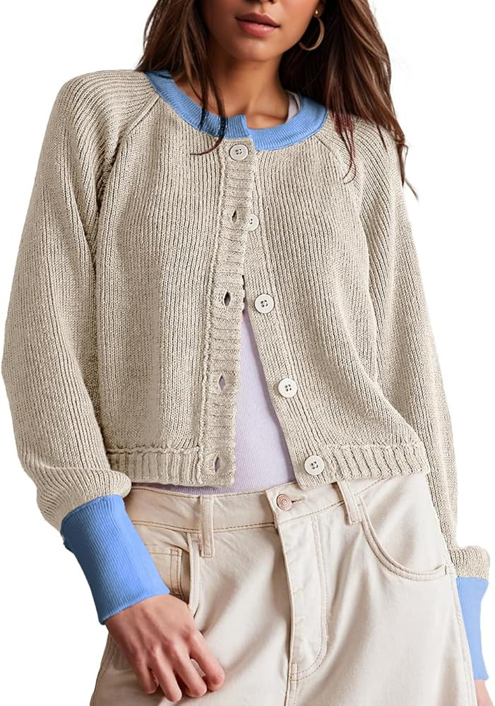 Women's Cropped Cardigan Sweaters Fall Long Sleeve Open Front Cardigans Button Down Color Block C... | Amazon (US)