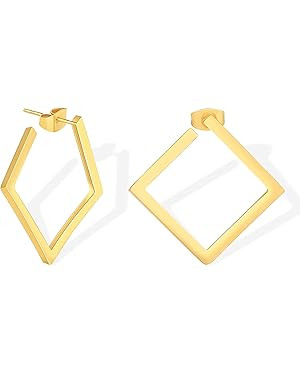 Chunky Gold Hoop Earrings for Women 18K Gold Paperclip Oval Hoop Earrings Gold Square Hoops Small... | Amazon (US)