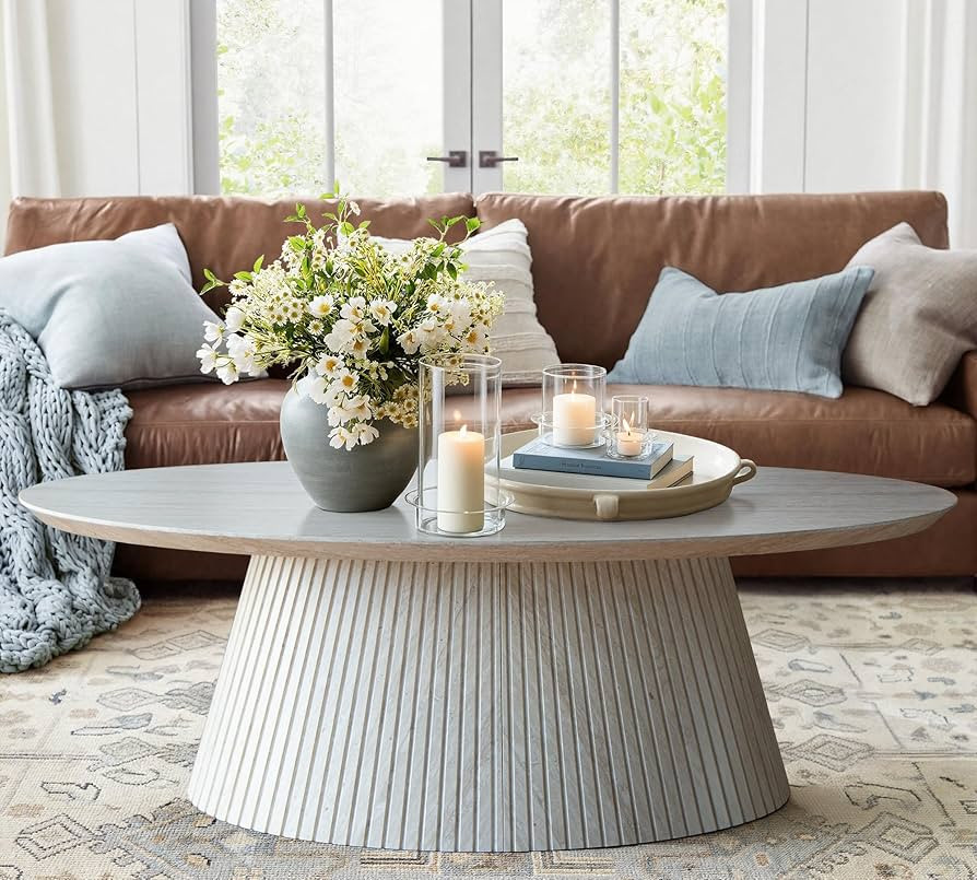 win2win Oval Coffee Table, Modern Faux Stone Coffee Table with Fluted Design, Travertine Center T... | Amazon (US)