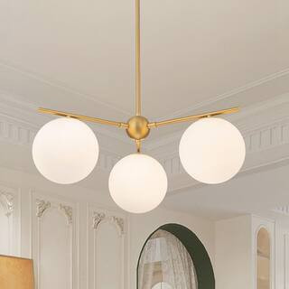3-Light Brushed Gold Mid Century Globe Chandelier Modern Hanging Light Fixture for Dining Room with White Glass Shade | The Home Depot