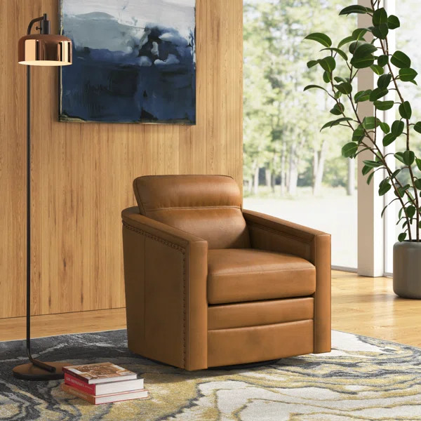 Alfonso 28.74'' Wide Genuine Leather Swivel Barrel Chair with Nailed Trim | Wayfair North America