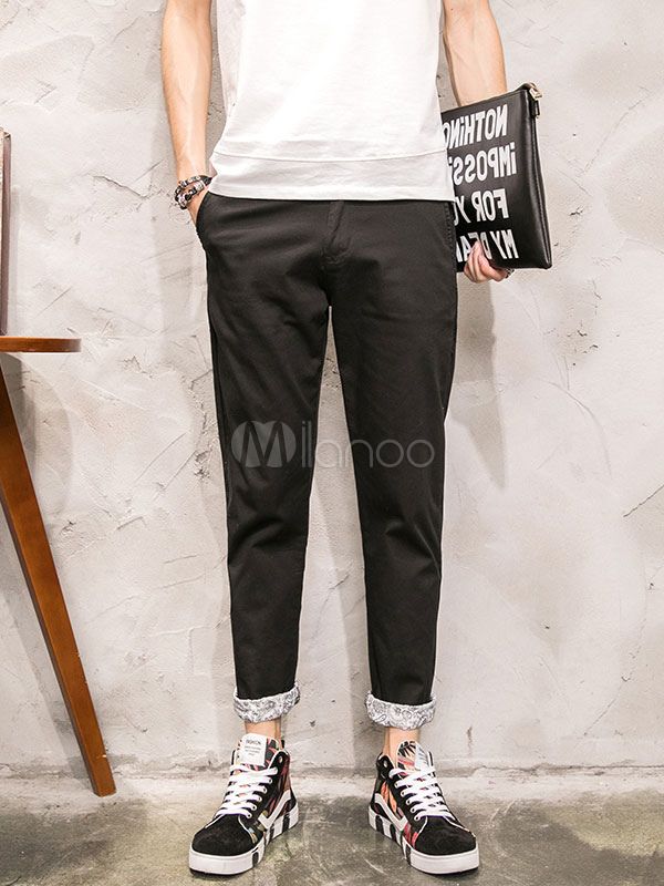 Men's Black Pants Cotton Color Block Straight Leg Pants | Milanoo