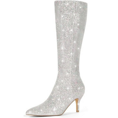 Perphy Women's Pointy Toe Glitter Stiletto Heel Knee High Dress Boots 6 Silver | Target