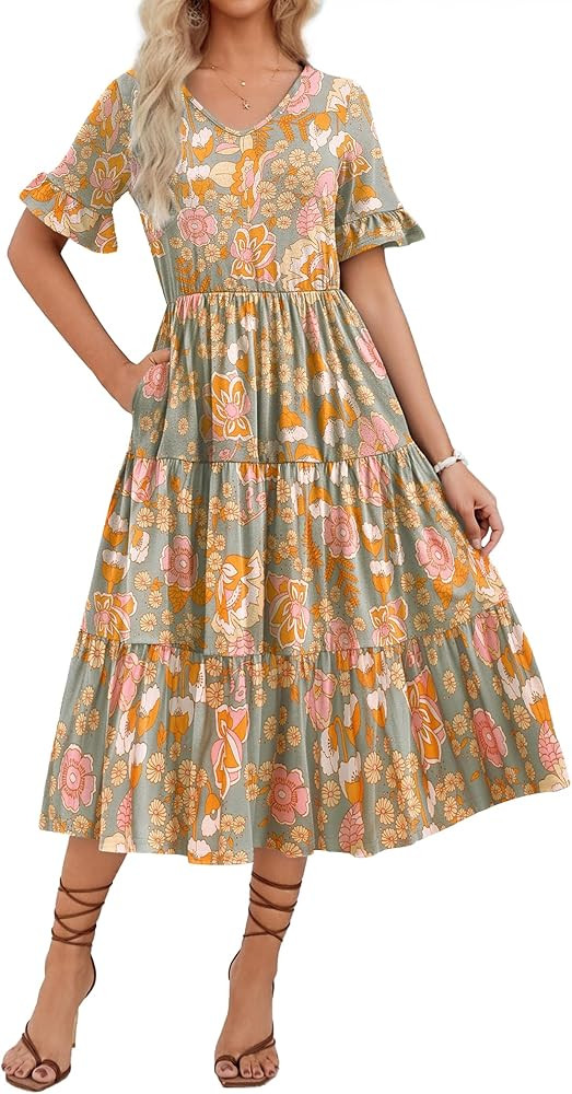 Zeagoo Women's Summer Dresses Midi Tiered Casual Dress Floral V Neck Ruffle Short Sleeve Flowy Be... | Amazon (US)