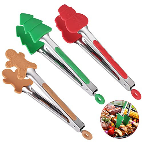 OIULO 3-Piece Christmas Silicone Mini Tongs Set, 7-Inch Small Style Tongs for Cooking, Kids' Festival Set (Christmas Tree, Snowman, Gingerbread Man) | Amazon (US)