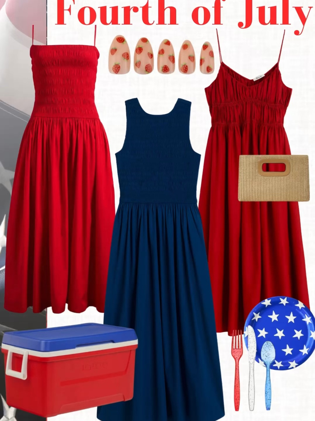 Fourth of July dresses, patriotic outfits, Memorial Day, July fourth, red dress, red white and blue, summer purse, strawberries
