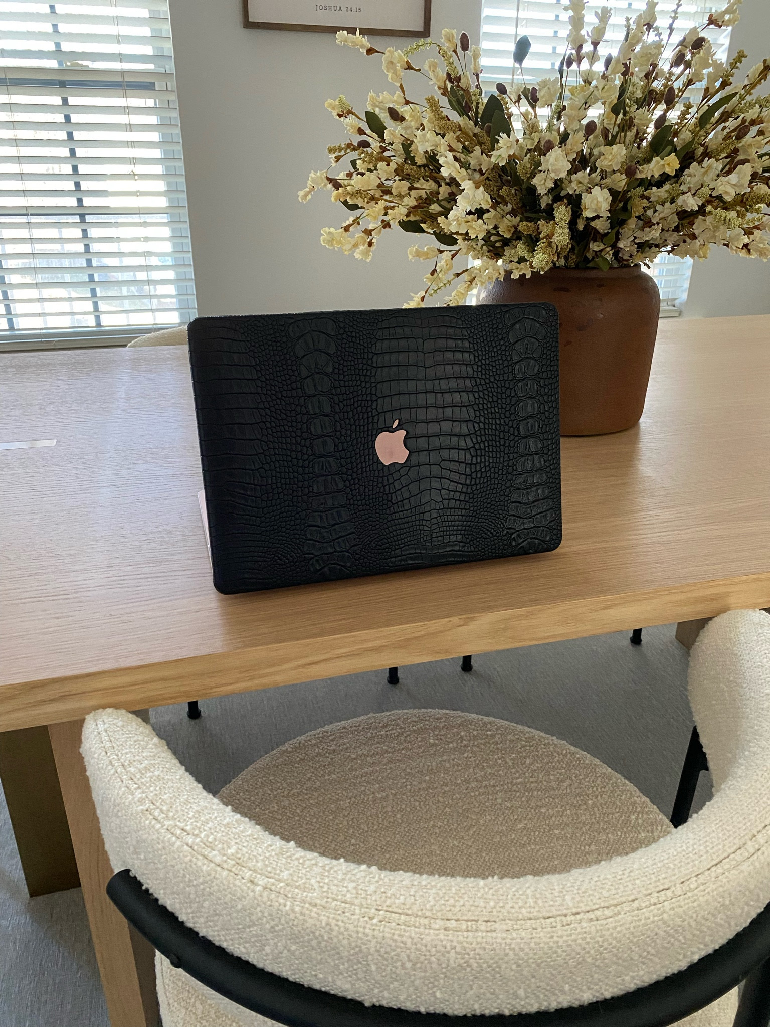 Chic Geeks Black Faux Crocodile MacBook Case - amazing quality!! Have had and loved for over a year now 

CB2 INESSE BOUCLE IVORY DINING CHAIR - love these chairs so much😍

(Not pictured but installing this week)  Soho Home Dawnbarn Chandelier
 Oval off-white linen shades
• Black trim
• Antique brass frame
• Five-arm flush light

#LTKhome #LTKGiftGuide #LTKworkwear