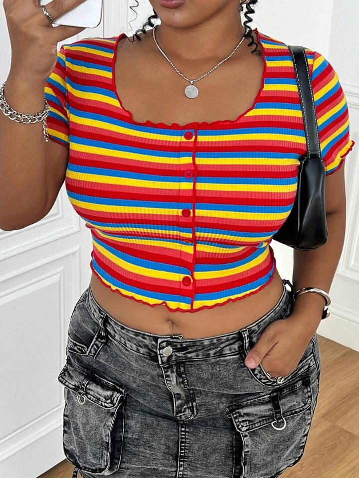 SHEIN EZwear Plus Size Retro Colorful Striped Rolled Hem Casual Short T-Shirt, Spring/Summer | SHEIN