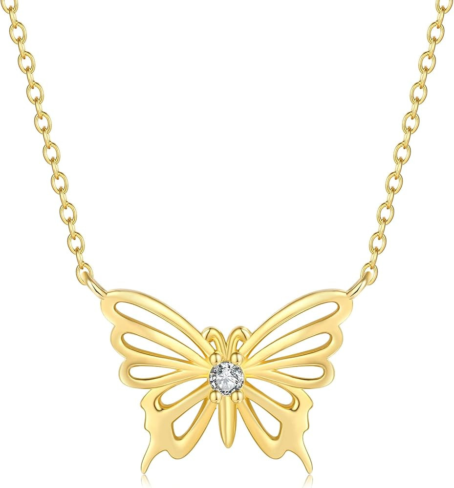 925 Sterling Silver 14K Butterfly Pendant Necklace, Butterfly Necklace, Gifr for Her, Mothers day... | Amazon (US)