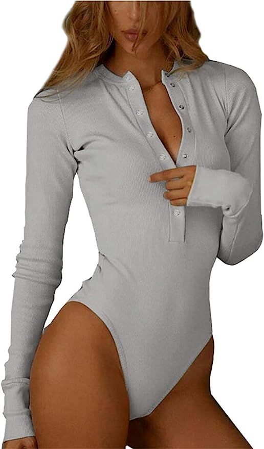 GEMBERA Women Front Zip Round Neck Long Sleeve Bodysuit Bodycon Ribbed Bodysuit Leotard Top | Amazon (US)