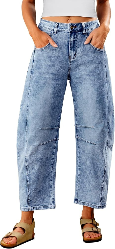 Utyful Barrel Jeans Women Cropped Baggy Trendy High Waisted Distressed Loose Stretch Denim Trouse... | Amazon (US)