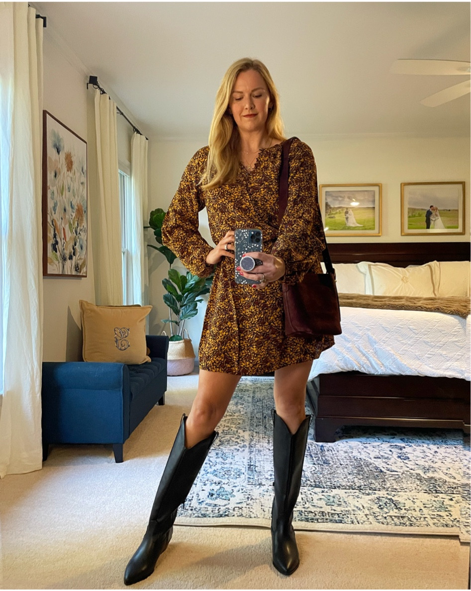 Fall floral mini dress - has elastic at waistband. So comfy and flattering! Fits true to size.

Knee high boots

Suede chocolate brown bag

What to wear for date night, wedding guest dress, thanksgiving dress idea

#LTKstyletip #LTKSeasonal #LTKitbag