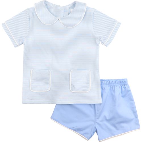Blue Striped Knit Pocket Short Set | Cecil and Lou
