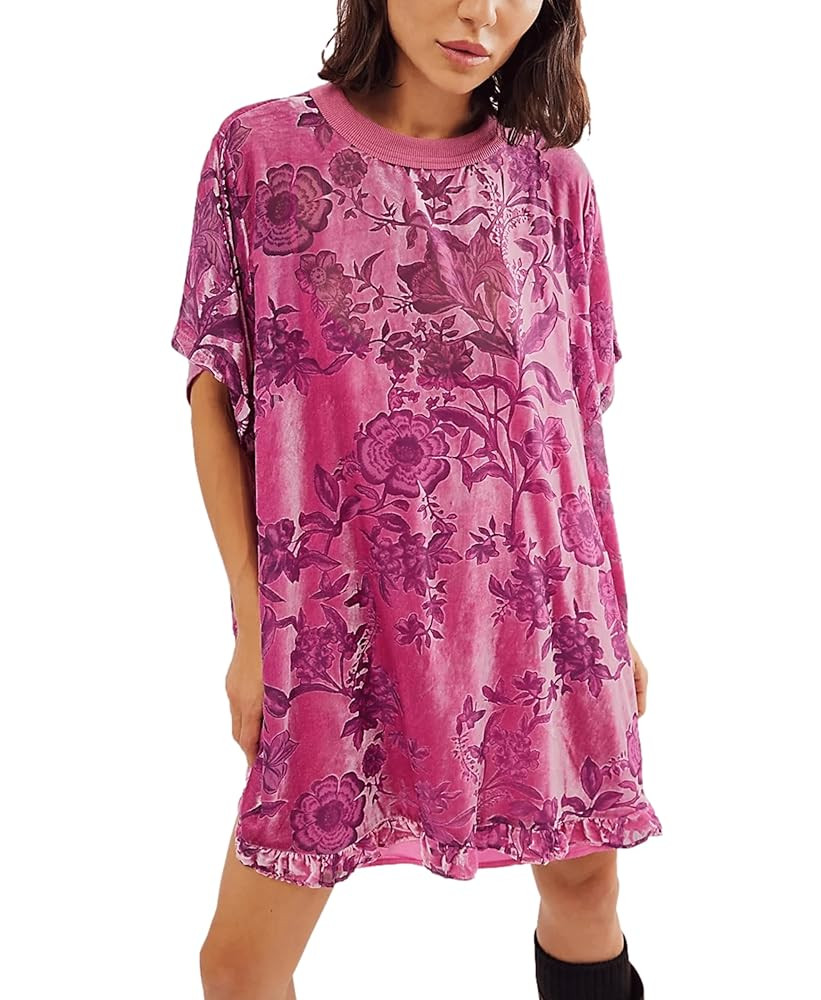 Aimiray Women's Vintage Velvet Dress Round Neck Short Sleeve Floral Printed Mini Flowy Dress | Amazon (US)