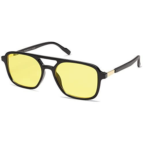 SOJOS Retro Aviator Sunglasses for Women Men,Trendy Rectangle Womens Mens Shades Sun Glasses SJ2202 Black Yellow Lens | Amazon (US)
