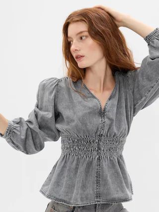 Puff Sleeve Denim Peplum Top with Washwell | Gap (CA)