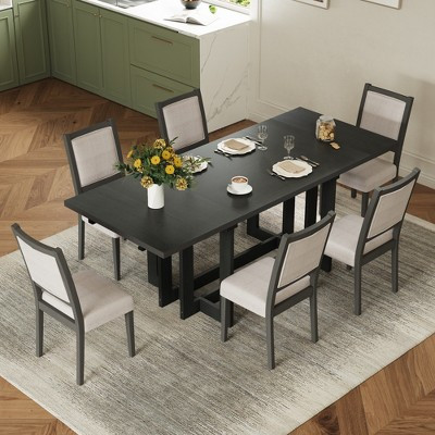 7 Pieces Extendable Dining Table Set with 6 Chairs, Rustic Trestle Kitchen Table with 6 Upholstered Dining Chairs and 2 Removable Leaf, Beige,Grey | Target