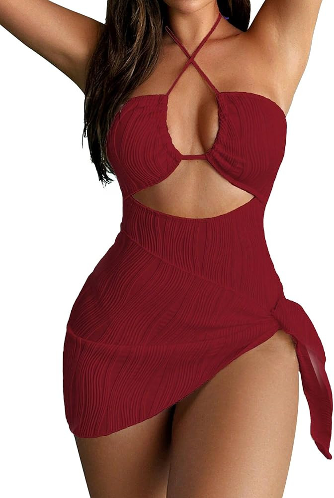 Womens One Piece Swimsuit Texture Hollow Out Halter Bathing Suit with Cover-Up 2-Piece Sets Beach... | Amazon (US)