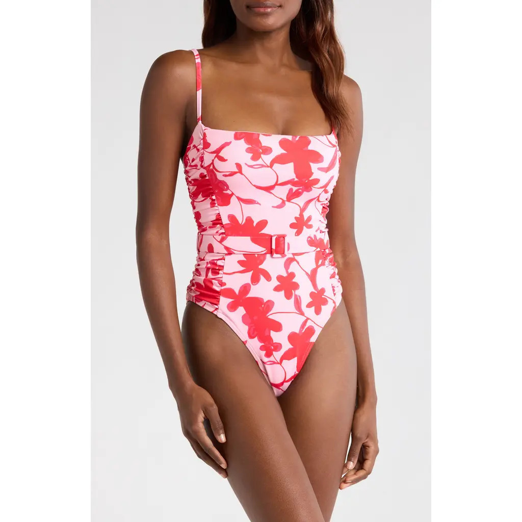 Hutch Ruched Belted One-Piece Swimsuit in Lipstick Floral at Nordstrom, Size Medium | Nordstrom